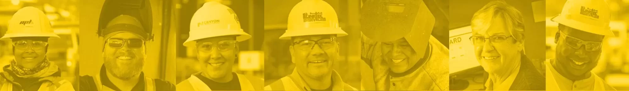 Smiling employees, yellow overlay image